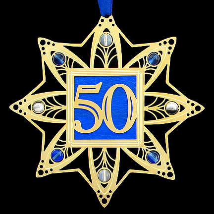 50th Wedding Anniversary Ornament - Iridescent Cobalt with Gold Design