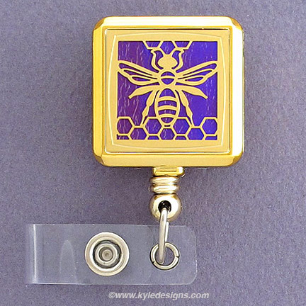 Bee Square Badge Holder - Iridescent Purple with Gold Design
