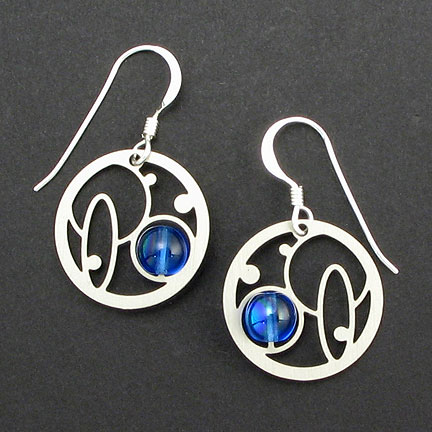 Silver Bubble Earrings with Blue Bead Accent