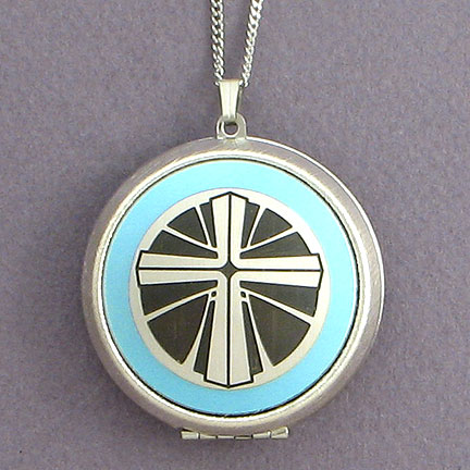 Christian Locket Necklace - Aquamarine with Silver Design