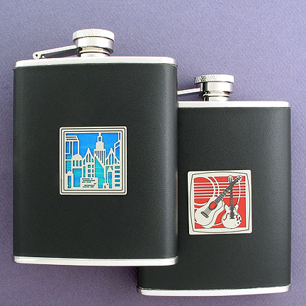 Design Your Own Black Leather Flask with City and Guitar Designs