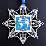Etched Metal World Christmas Ornament with Ocean Blue.