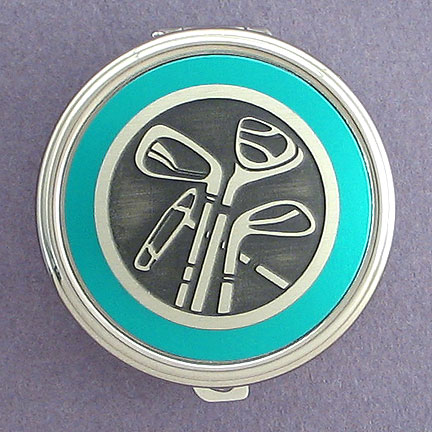 Golfing Pill Box - Teal Aluminum with Silver Design