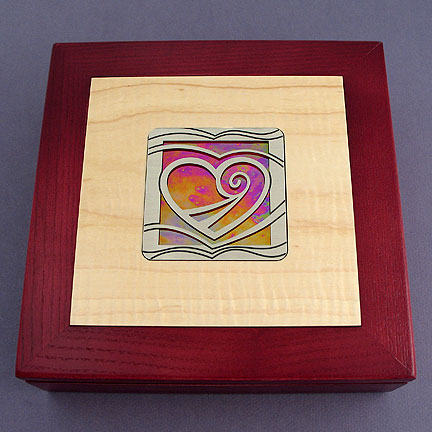 Heart Wood Jewelry Box Inlaid with Metal and Glass