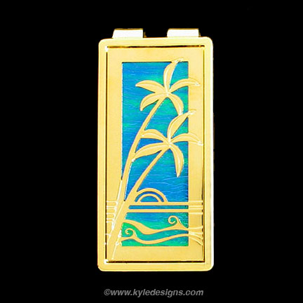 Palm Tree Money Clip - Iridescent Aqua with Gold Design