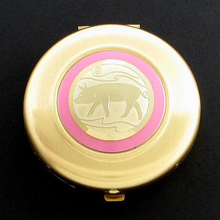 Pig Compact Mirror - Pink Aluminum with Gold Design