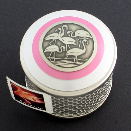 Flamingo Stamp Box - Pink Aluminum with Silver Design