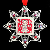 Red Owl Beaded Christmas Ornament in Silver