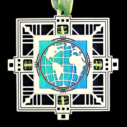 World Ornament - Aqua Iridescent with Silver Design